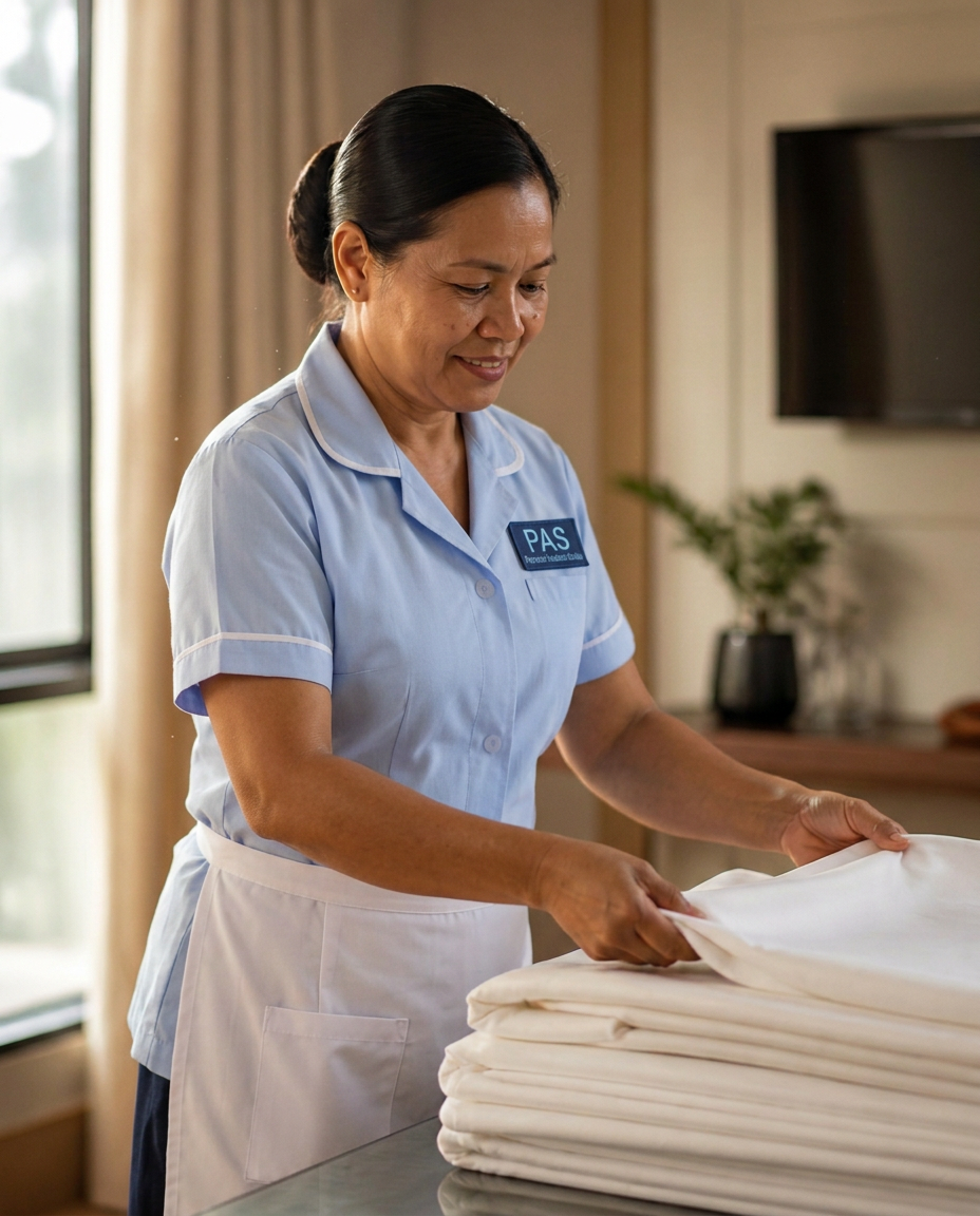 Experienced housekeeper in uniform folding fresh linens in a bright home